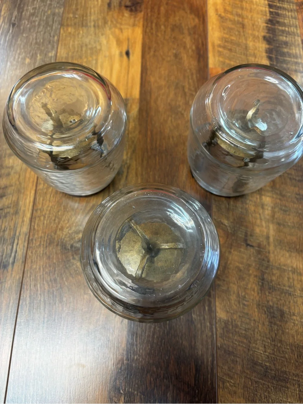 Pier 1 hammered glass candle votives, rustic metal rim, suspended tea light, 3